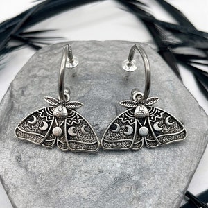 Silver Luna Moth Huggie Hoops Goth Insect Earrings Cartilage Hoops Wiccan Moon Phase Jewelry image 3