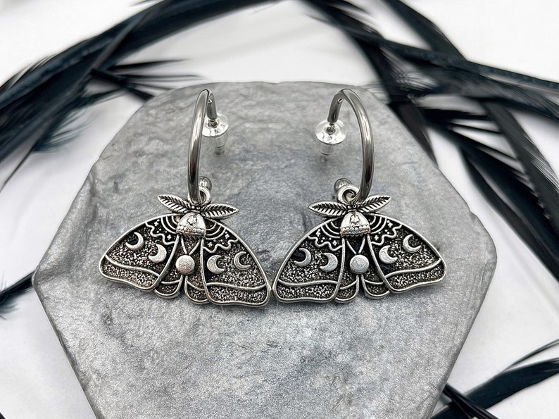 Silver Luna Moth Huggie Hoops Goth Insect Earrings - Etsy