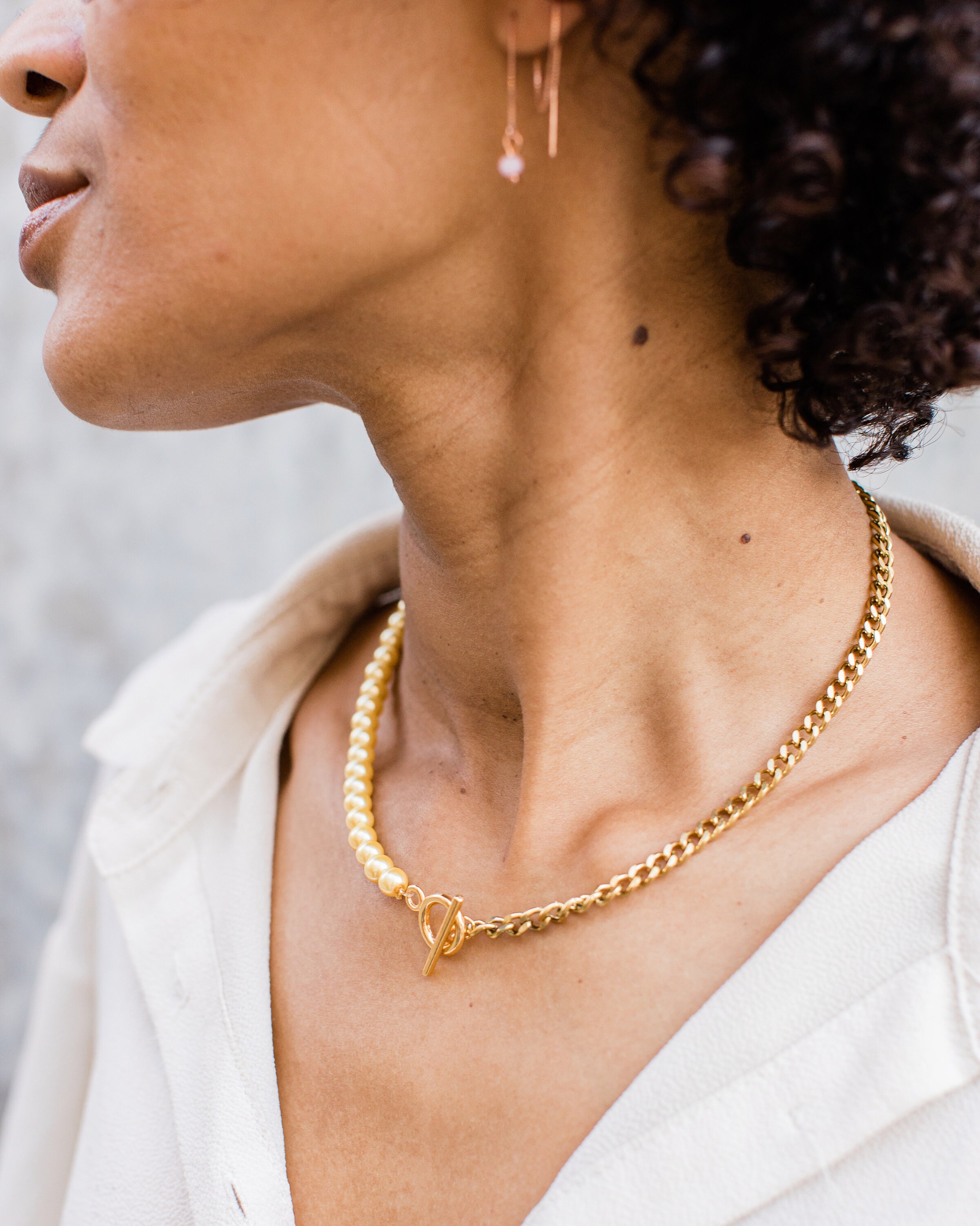 Gold Chain Half Pearl Necklace - Stainless Steel Cuban Chain Necklace - Dainty Pearl Choker - Curb Link T Bar Pendant Toggle Clasp