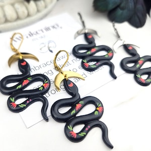 Black Snake Earrings: Resin Serpent with Crescent Moon - Gothic Jewelry