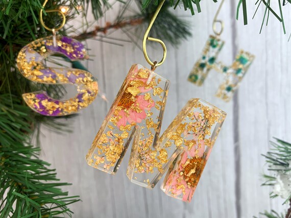 Resin Initial Ornament Dried Flowers Custom Holiday Tree Decor