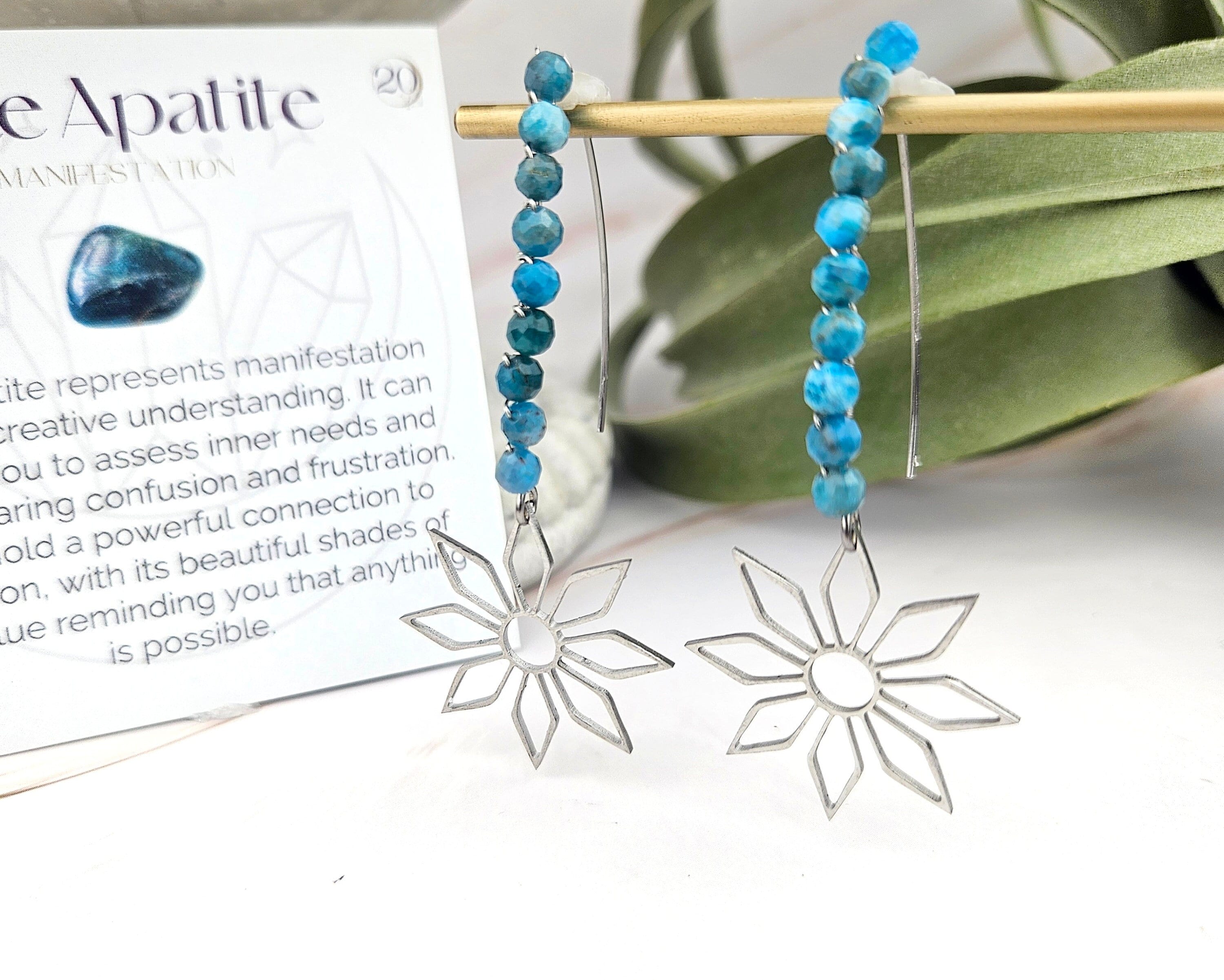 Blaue Apatit Ohrringe - Edelstein Offene Creolen - Edelstahl - V Form Gänseblümchen Ohrringe
