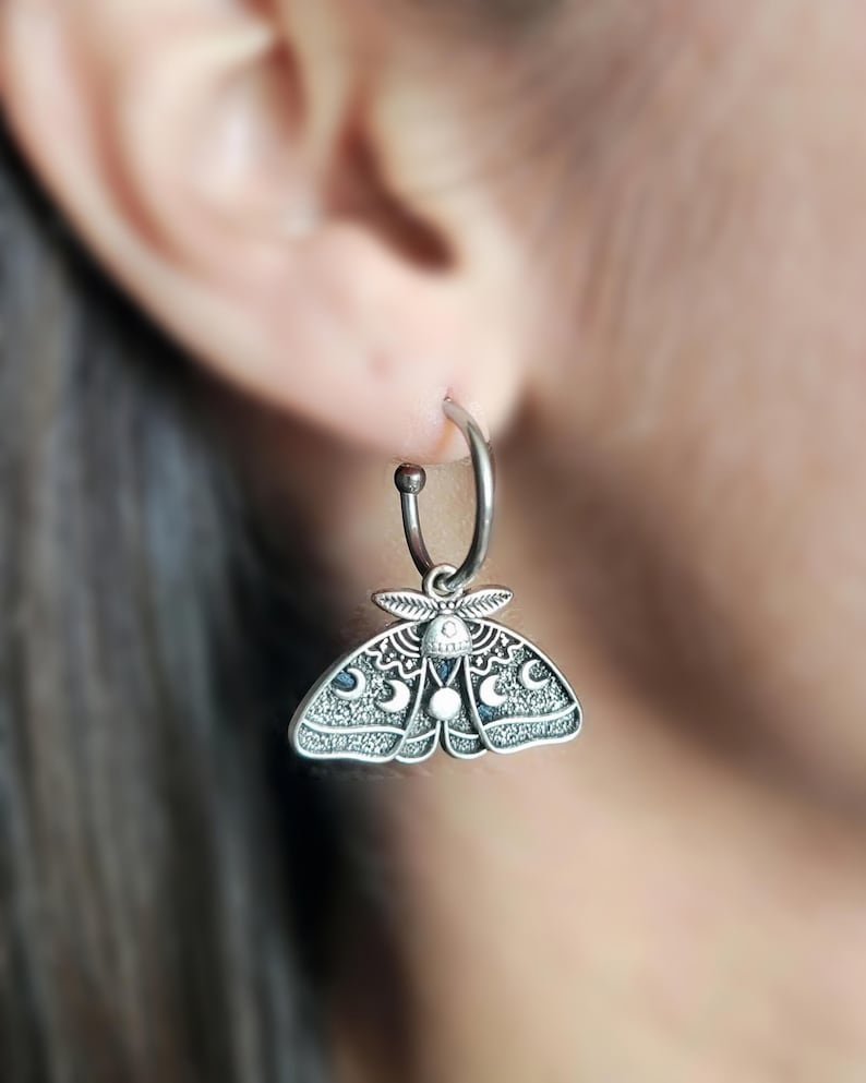 Silver Luna Moth Huggie Hoops Goth Insect Earrings Cartilage Hoops Wiccan Moon Phase Jewelry image 1