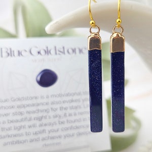 Blue Goldstone Gemstone Earrings - Thin Bar Earrings - Dainty Geometric Rectangle Earrings - Affirmation Jewelry