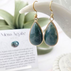 Moss Agate Tear Drop Earrings - Natural Gemstone Earrings - Meaningful Affirmation Jewelry