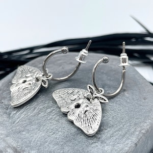 Silver Luna Moth Huggie Hoops Goth Insect Earrings Cartilage Hoops Wiccan Moon Phase Jewelry image 8