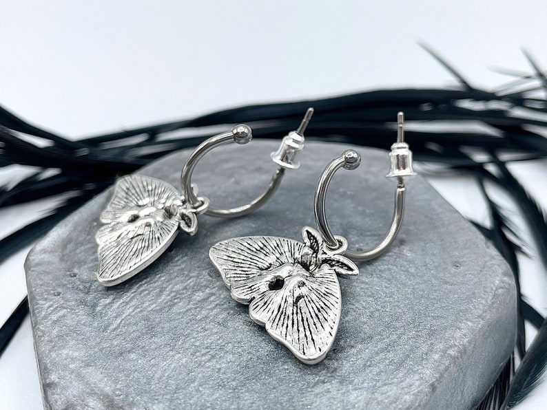 Silver Luna Moth Huggie Hoops Goth Insect Earrings Cartilage Hoops Wiccan Moon Phase Jewelry image 8