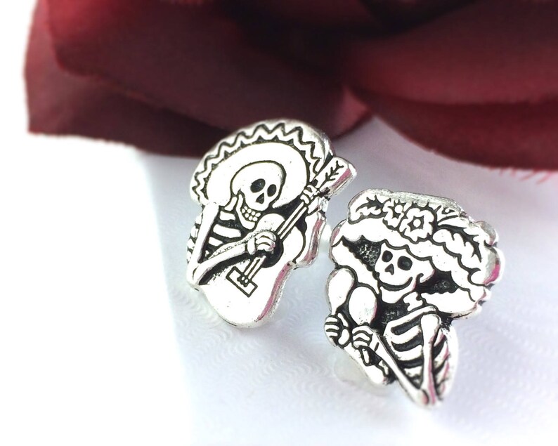 Day of the Dead Earring Studs Sterling Silver Sugar Skull Earrings Dia De Los Muertos Mismatched Stud Earrings Skull Stud Men Women image 4