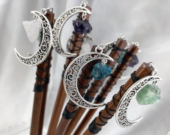 Silver Gemstone Moon Hair Sticks - Galaxy Hair Pin - Moon Hair Fork - Crystal Hair Pins - Wooden Hair Sticks - Celestial-Inspired