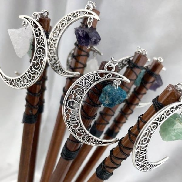 Silver Gemstone Moon Hair Sticks - Galaxy Hair Pin - Moon Hair Fork - Crystal Hair Pins - Wooden Hair Sticks - Celestial-Inspired