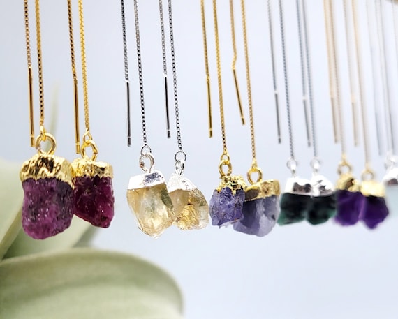 Birthstone Threader Earrings Gemstone Chain Earrings Pull Through