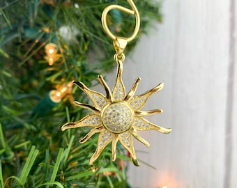 Small Golden Sun Ornament - Hanging Celestial Decor - Cubic Zirconia - Boho Ornaments