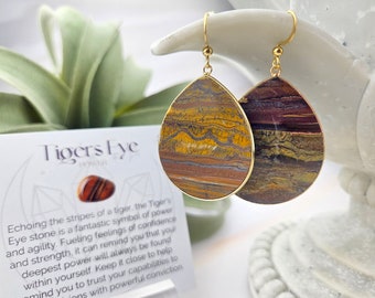 Tiger Eye Teardrop Earrings: Marbled Gemstone, Gold Stainless Steel