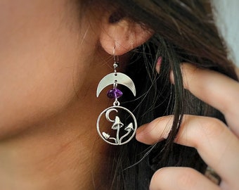 Gemstone Mushroom Moon Earrings - Cottagecore Toadstool - Crescent Moon Earrings - Wiccan Mushroom Jewelry