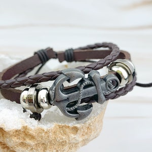 Gunmetal Anchor Leather Bracelet - Personalized Initial Charm