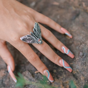 Birthstone Death Head Moth Ring Silver Witch Ring Occult Jewelry Goth Insect Skull Ring image 5