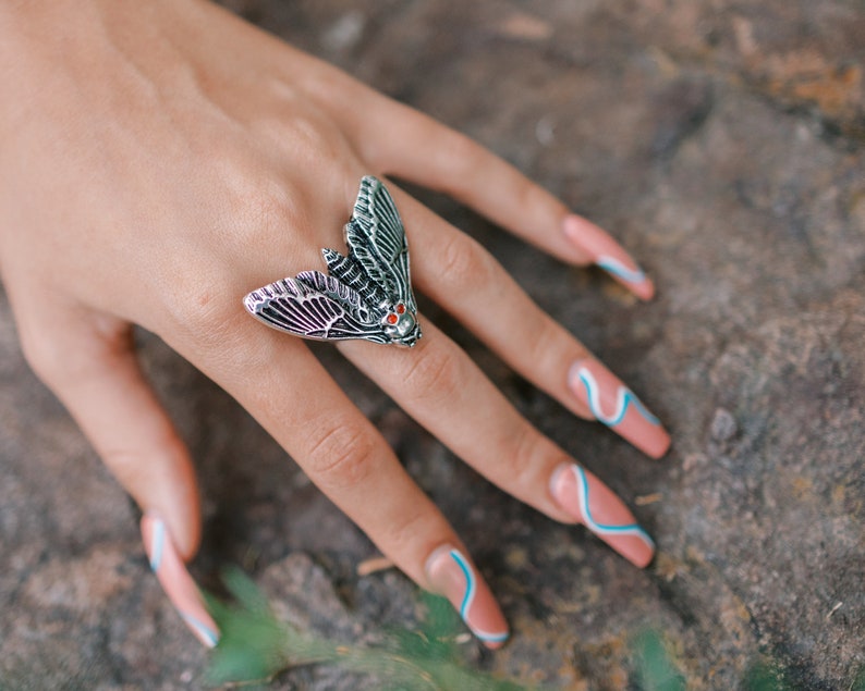 Birthstone Death Head Moth Ring Silver Witch Ring Occult Jewelry Goth Insect Skull Ring image 5