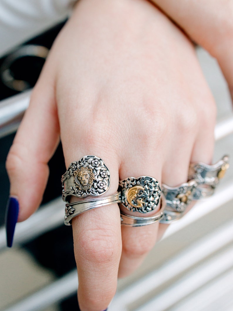 Silver Spoon Ring Thumb Ring Cat Elephant Skull Ring image 1