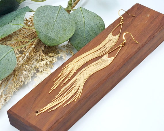 Dangle Earrings - 18K Tri Color Herringbone Tassel #21730 Gold