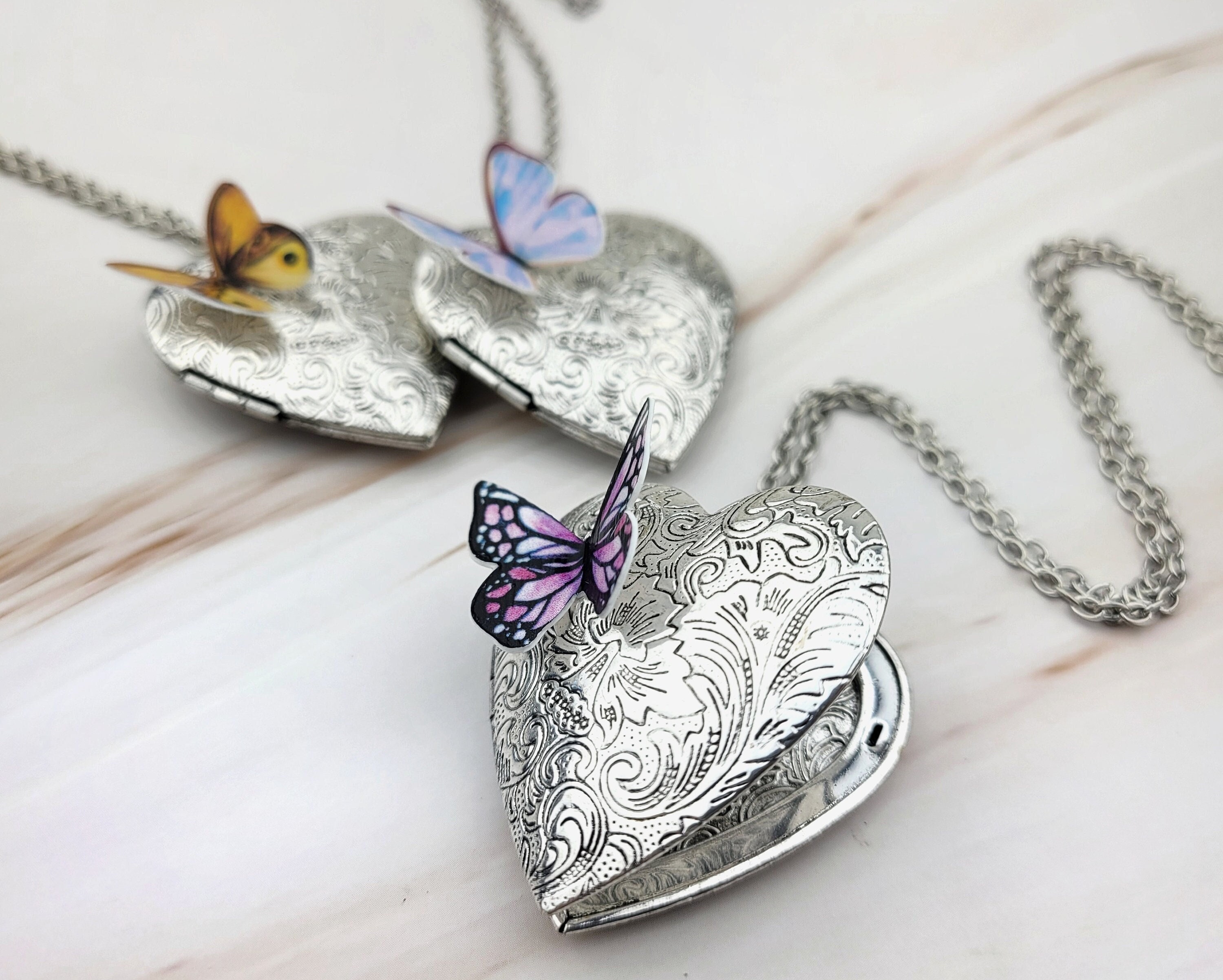 Silver Heart Locket Necklace - Silver Butterfly Necklace