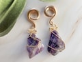 Amethyst Dangle Ear Weights: Wire Wrapped Crystal Plugs (6G-00G)