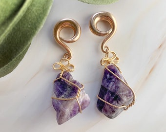 Pesas colgantes de amatista para orejas: tapones de cristal envueltos en alambre (6G-00G)