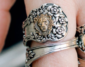 Lion Spoon Ring - Lion Ring - Thick Thumb Ring - Floral Vintage