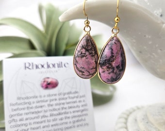 Tear Drop Gemstone Earrings - Natural Rhodonite Gemstone Earrings - Gratitude Affirmation Jewelry