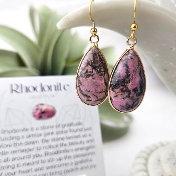 Gratitude Affirmation Jewelry with Natural Rhodonite Tear Drop Gemstone Earrings