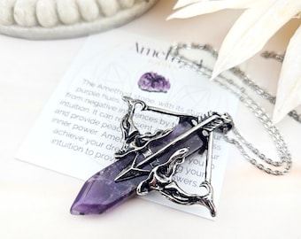 Bow and Arrow Necklace-Amethyst Archery Pendant - Archer Gift - Gemstone Necklace (018)