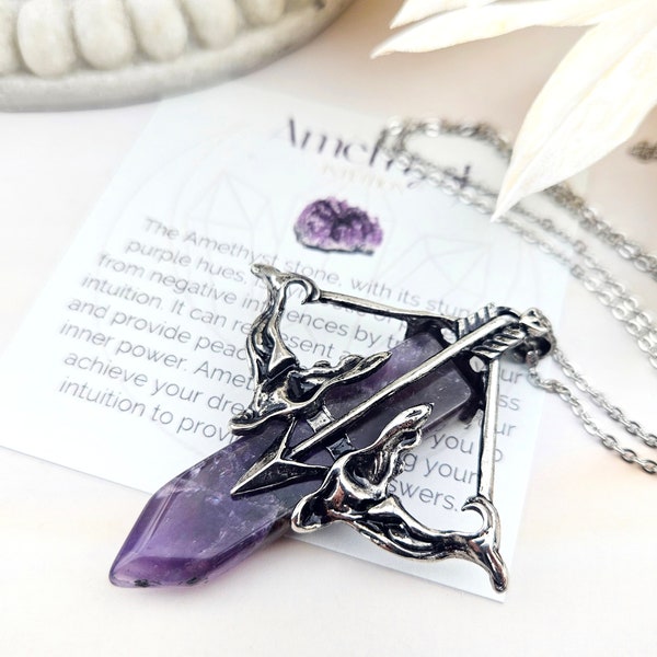 Bow and Arrow Necklace-Amethyst Archery Pendant - Archer Gift - Gemstone Necklace (018)