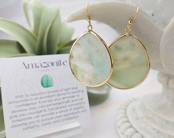 Large Amazonite Earrings - Natural Gemstone Teardrop Earrings - Mint Teal Healing Crystal Jewelry