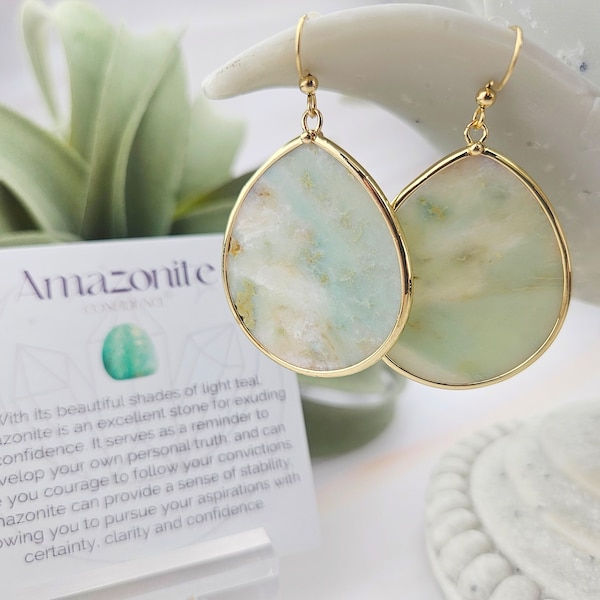 Large Amazonite Earrings - Natural Gemstone Teardrop Earrings - Mint Teal Healing Crystal Jewelry