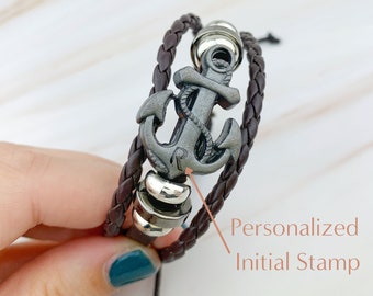 Custom Anchor Bracelet Men Women - Braided Leather Bracelet - Initial Bracelet - Nautical Jewelry - Adjustable Bracelet