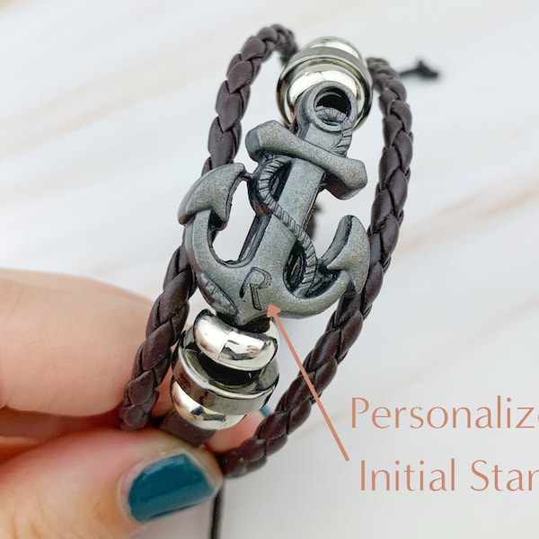 Custom Anchor Bracelet Men Women - Braided Leather Bracelet - Initial Bracelet - Nautical Jewelry - Adjustable Bracelet