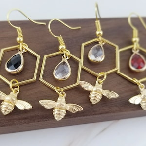 Gold Hexagon Bee Earrings - Honey Bee Earrings - Save the Bees - Insect Earrings - Geometric Earrings