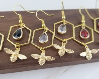 Gold Hexagon Bee Earrings - Honey Bee Earrings - Save the Bees - Insect Earrings - Geometric Earrings