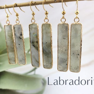 18K Gold Gemstone Bar Earrings-Dangle Amazonite Earrings Rose Quartz Earrings Rectangle Earrings 004 Labradorite