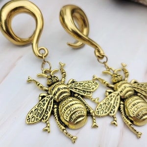 Gold Bee Spiral Gauges - Ear Weights - Stretched Ears - Bee Jewelry