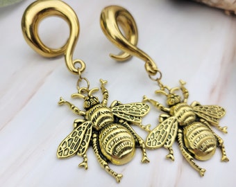 Gold Bee Spiral Gauges - Ear Weights - Stretched Ears - Bee Jewelry