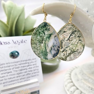 Moss Agate Earrings - Natural Gemstone Crystal Woodland Forest Cottage Core Mori Girl Jewelry