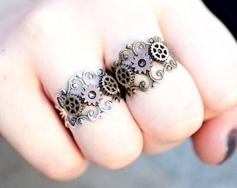 Steampunk Jewelry - Steampunk Ring Women - Cogs and Gears Ring - Silver or Gold Filigree Ring - Fallout