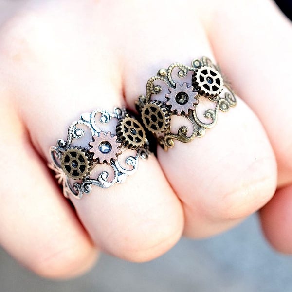 Bijoux steampunk - Bague steampunk femme - Roues dentées et engrenages - Bague en filigrane d'argent ou d'or - Fallout