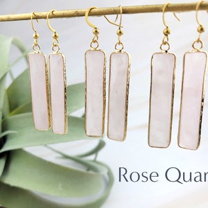 18K Gold Gemstone Bar Earrings-Dangle Amazonite Earrings Rose Quartz Earrings Rectangle Earrings 004 Rose Quartz