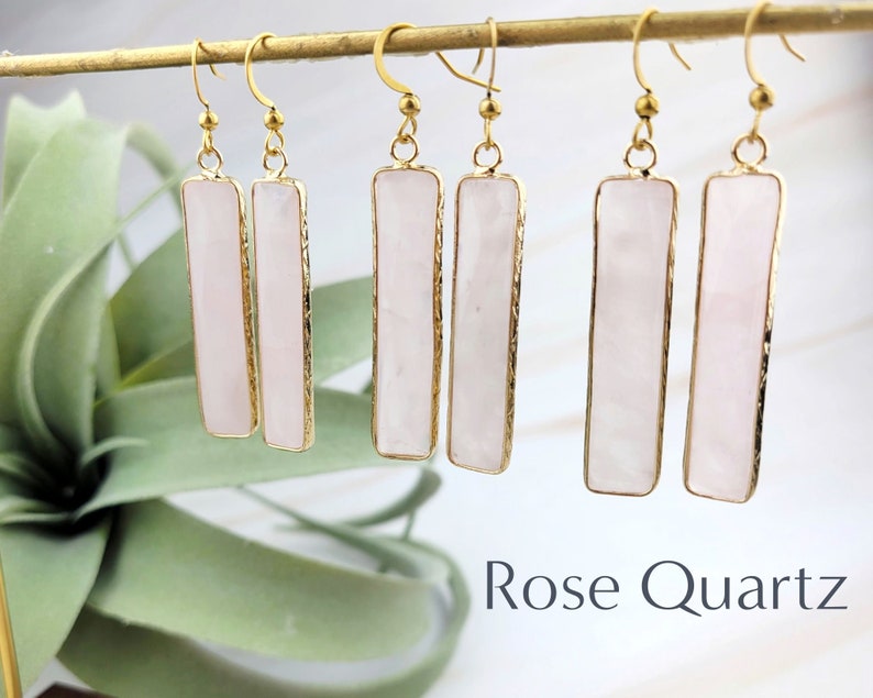 18K Gold Gemstone Bar Earrings-Dangle Amazonite Earrings Rose Quartz Earrings Rectangle Earrings 004 Rose Quartz