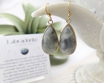 Tear Drop Gemstone Earrings - Labradorite Earrings - Natural Gemstone - Meaningful Affirmation Jewelry