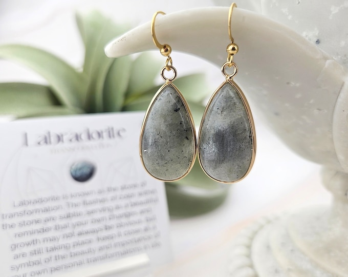 Tear Drop Gemstone Earrings - Labradorite Earrings - Natural Gemstone - Meaningful Affirmation Jewelry