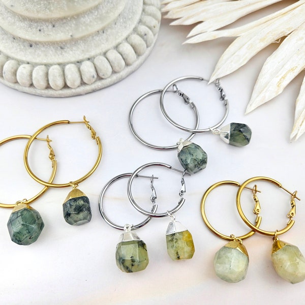 Natural Prehnite Earrings - Prehnite Jewelry - Dangle Hoops - Gemstone Earrings (021)