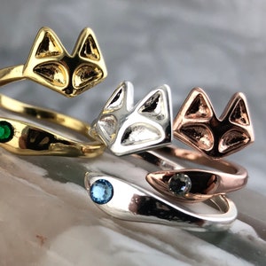 Fox Ring: Adjustable Plated Wrap Ring with Crystal Birthstone