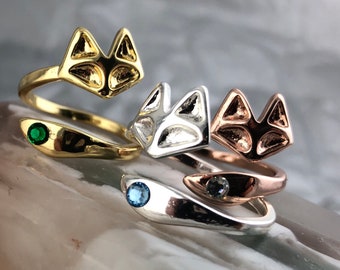 Anillo de zorro: anillo ajustable chapado con piedra de nacimiento de cristal.